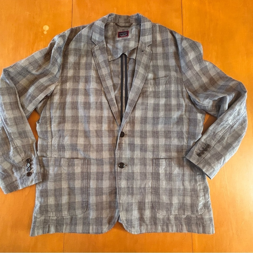 Untuckit 46R Linen Blend Plaid Grey Glen Black Blazer Sport Coat